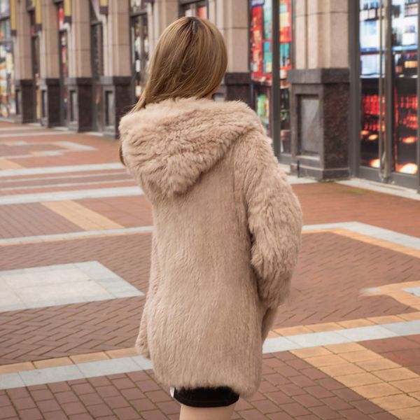 

winter women real rabbit fur hooded coat wide pullover cape shawl fur coat hooded fur jackets lj201204, Black