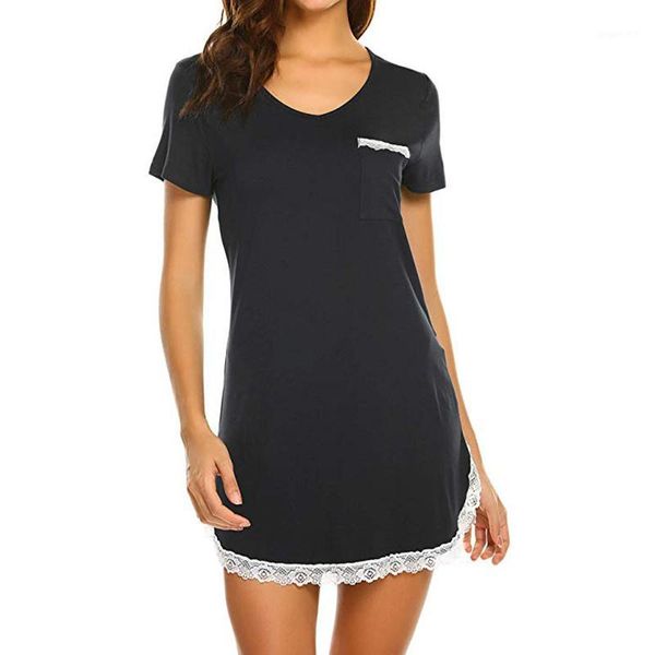 

soft women dress cotton solid color lace stitching v neck short sleeve nightdress lingerie home clothing new1, Black;red