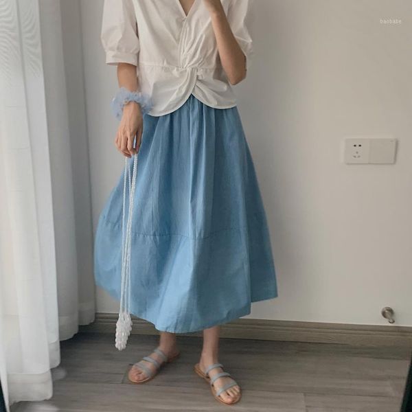 

vintage denim pleated long skirts summer women korean style skirt streetwear drawstring elastic waist midi skirt1, Black