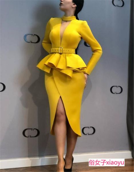 

2020 new design women's halter neck v-neck long sleeve yellow color slim waist sashes ruffles vent jag midi long dress lxl2xl, White;black