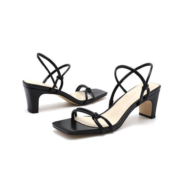 

cross-tied rope knot summer gladiator shoes women ladies 2-wear sandals slippers leather mule slides square toe thick high heels, Black