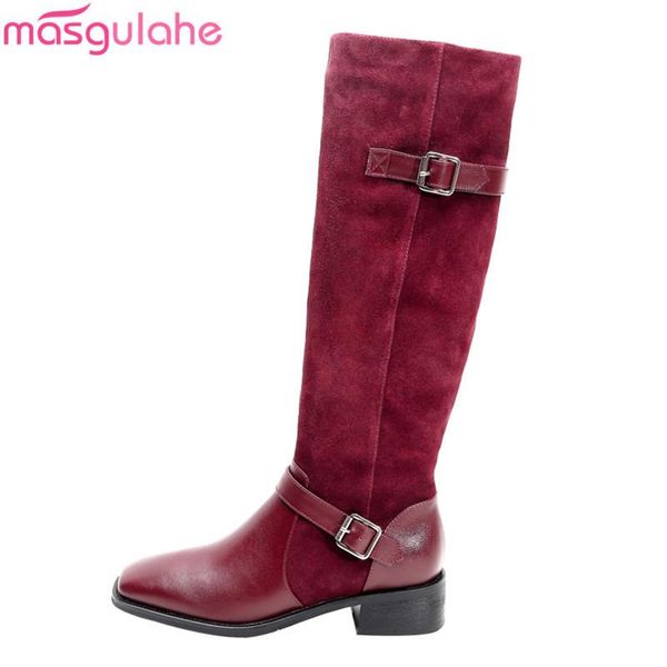 

boots masgulahe 2021 plus size 33-42 genuine leather buckle knee high low heel square toe winter shoes black color women