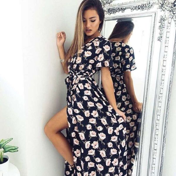 

v-neck up wind lace print split beach dress, Black;gray