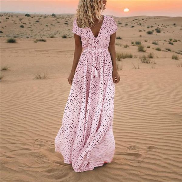 

women summer dress short sleeve dot print tassels v neck party long dresses beach maxi dress casual women dresses elegant new, Black;gray