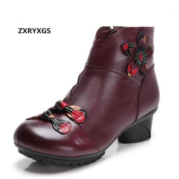

2020 spell color flower autumn winter boots cow leather boots fashion shoes elegant comfort thick heel women shoes ankle1, Black