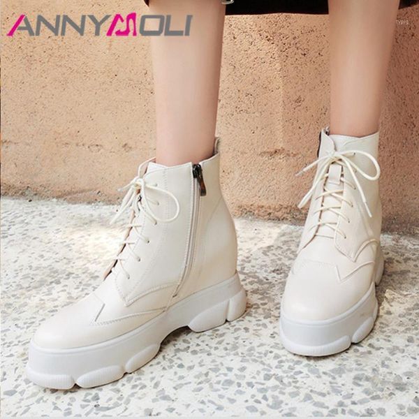 

boots annymoli winter ankle women lace up height increasing high heel short zipper round toe shoes female fall size 34-431, Black