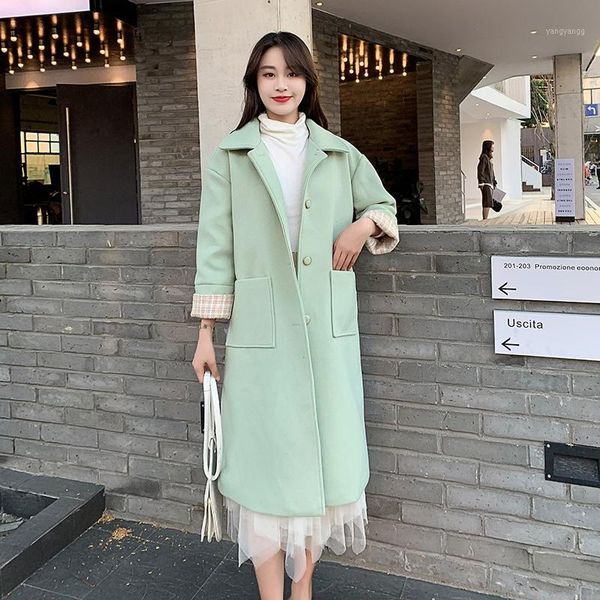 

2019 women wool blend coat autumn casual loose turn-down collar female overcoat solid slim office lady medium long woolen jacket1, Black