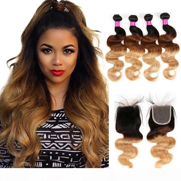 

blonde brazilian virgin hair with lace closure brazilian body wave human hair bundles with closure ombre human hair 1b 4 27, Black;brown