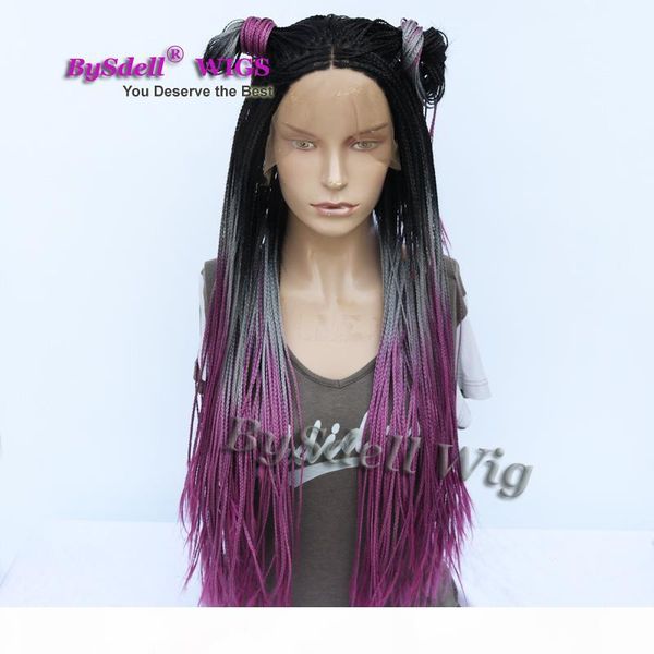 

african box braid wig synthetic black ombre grey teal purple color full braids lace front wigs
