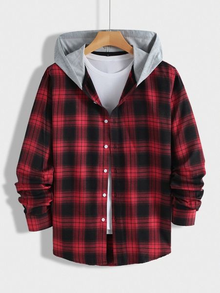 

men plaid contrast hooded shirt without tee k4ve#, White;black