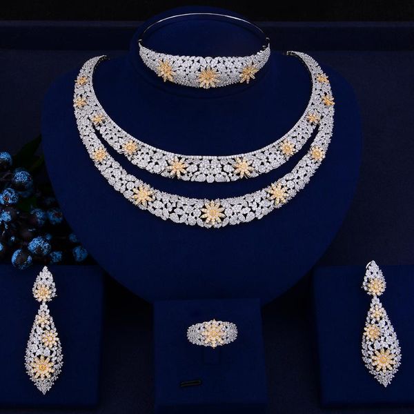

missvikki 4pcs bridal wedding luxury dubai jewelry sets for women nigerian necklace african beads jewelry set, Silver