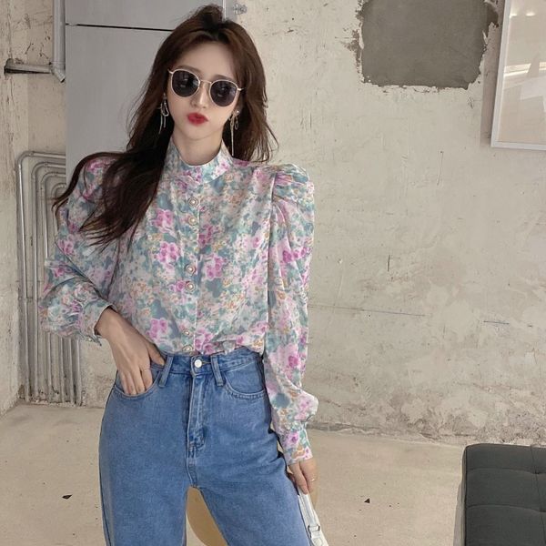 

autumn 2020 new half high neck bubble long sleeve korean flower pearl button shirt women's wear