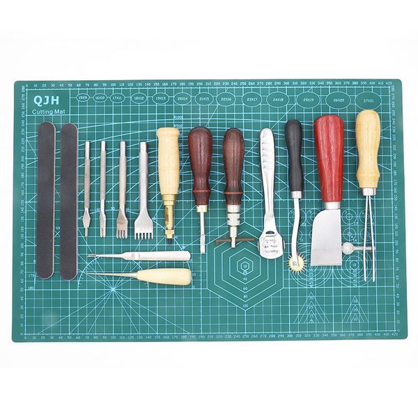 

qjh 16pcs sewing craft & leather tools set diy handmade punch edger trench device belt puncher a3 pvc cutting mat patchwork q1106