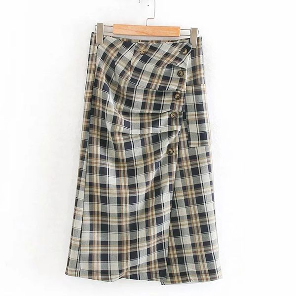 

2021 women new elegant bevel button half split folds plaid female retro fashion british style mid-length skirt with side pocket, Black