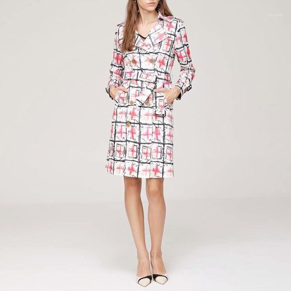 

windbreaker autumn new women's casual fashion plaid graffiti printed belt long sleeve slim vintage chic jacket1, Tan;black