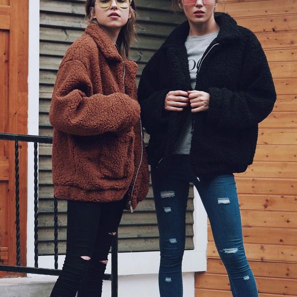 

women's fur & faux plush coat women winter jackets fluffy teddy female warm artificial fleece clothes plus size manteau femme, Black