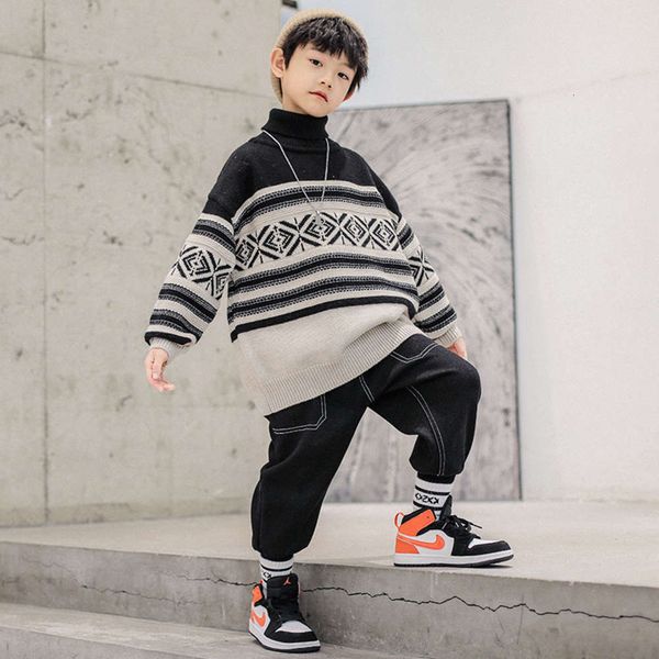 

color children's turtleneck wear middle matching school boys' korean version pullover and bottom out sweater, Blue