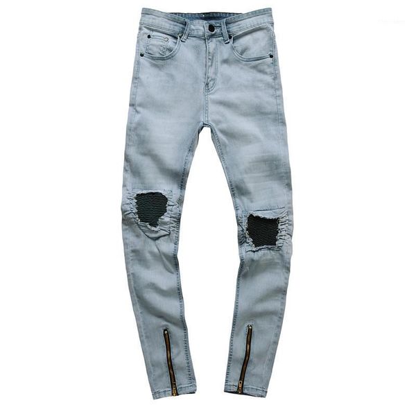 

men's jeans fashion men ripped skinny biker destroyed frayed slim fit pants zipper ankle-length pencil jeans1, Blue