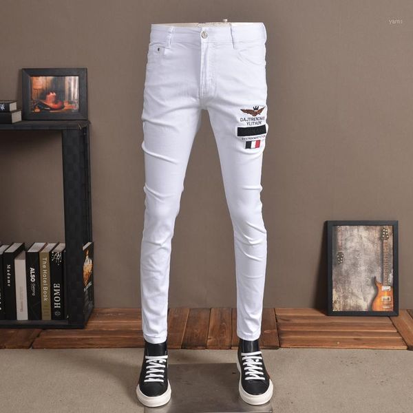 

men's summer white jeans fashion embroidery stretch slim fit quality denim pants1, Blue