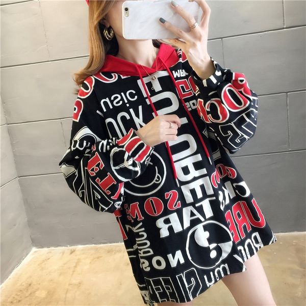 

ins super fire bf original night style loose women's 2020 autumn alphabet color sweater matching hooded long sleeve sweater kisla ki, Black
