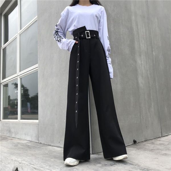 

корейская улица мода женщин колокол нижние брюки harajuku gothic высокая талия широкие брюки ноги повседневные свободные ремень черные вспыш, Black;white