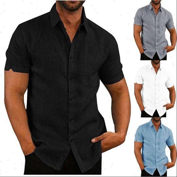 

mens slim solid cotton linen short split buttoned front pocket detail shirts blouses plus size  3xl blue white, White;black