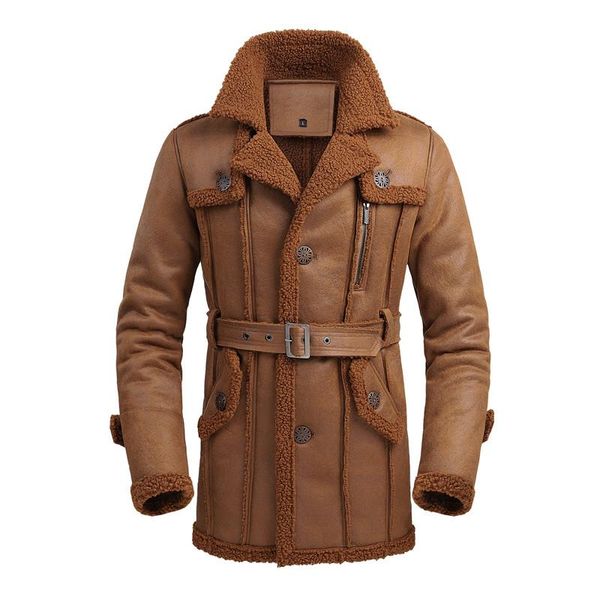

kimsere men's long faux fur trench coat fashion winter warm parkas fleece lined thick thermal windbreaker outerwear for male, Tan;black