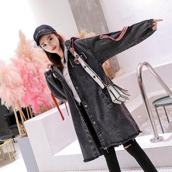 

jean jacket 2020 women female long harakuku cowboy basic jackets coat fashion blue ladies women denim jacket ta8631, Black;brown