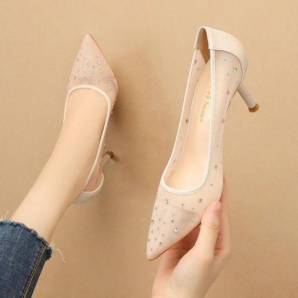 

women pumps mesh slip on 7.5cm thin heels high heels pointed toe rhinestones bling shallow high women shoes size 35-42, Black