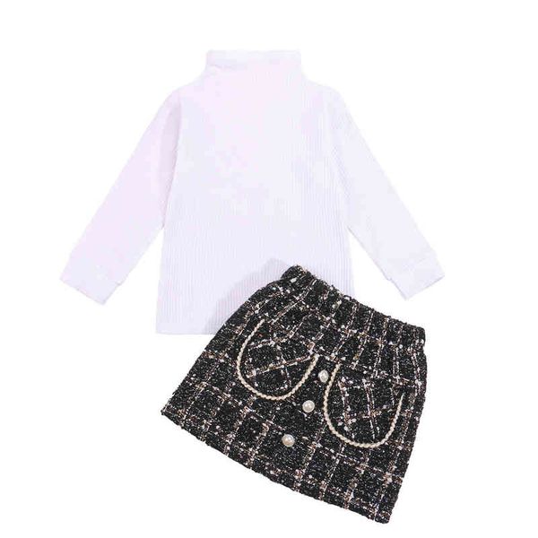 

2pcs toddler kid girls spring fall outfits set long sleeve rib knit + skirt fashion set for 1-6years g220217, White