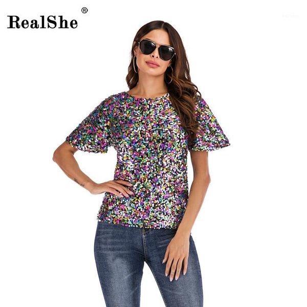 

realshe ladies t-shirts for women o-neck short sleeve sequins t shirt women 2019 autumn winter casual party tee shirt femme1, White