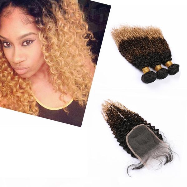

3 tones indian remy human hair bundles with closure dark root 4" * 4" ombre raw indian hair bundles with closure kinky curly, Black;brown