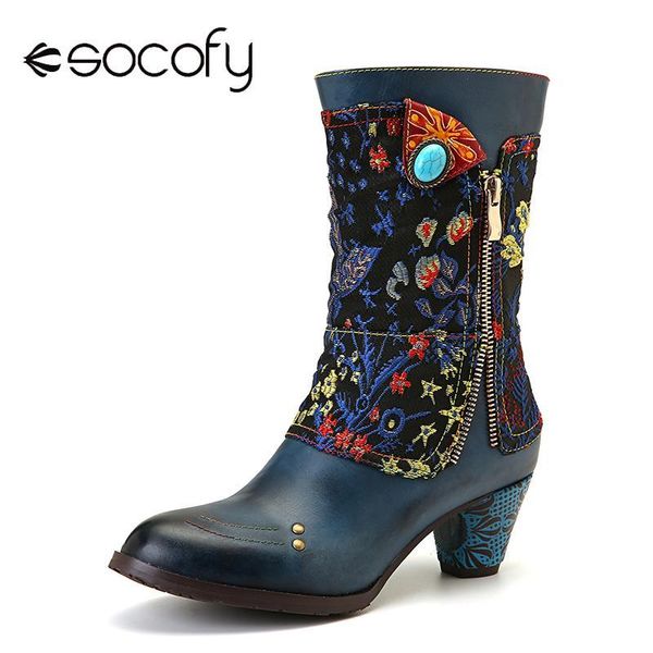 

socofy retro boots flower branch pattern stitching genuine leather boots ladies shoes women botines mujer 2020, Black