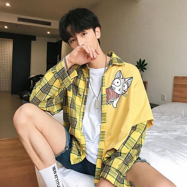 

men's casual shirts trendy men spring plaid shirt long sleeve cartoon print stitching cotton blend boys, White;black