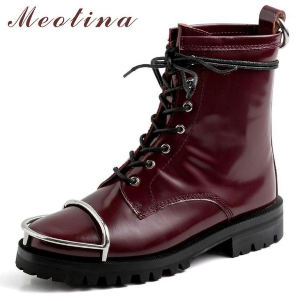 

boots meotina autumn motorcycle women natural genuine leather flat ankle lace up round toe shoes female winter size 34-391, Black