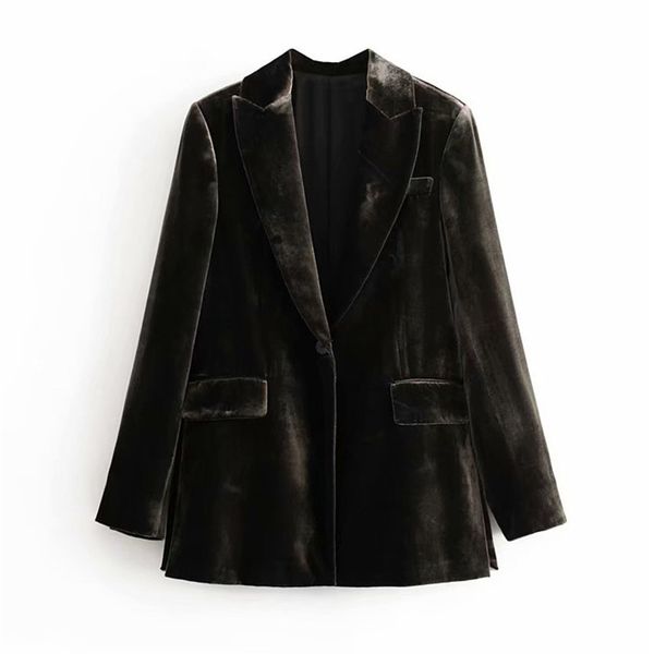

stylish velvet women suit blazer pockets long sleeve single button side split blazer coats female office wear solid 201201, White;black
