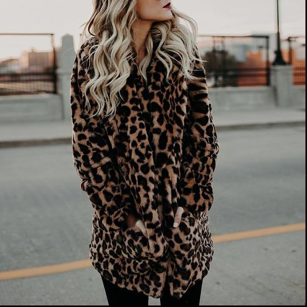 

faux fur coat women 2021 winter fashion leopard print outerwear warm long sleeve artificial fur jacket plush clothing, Black
