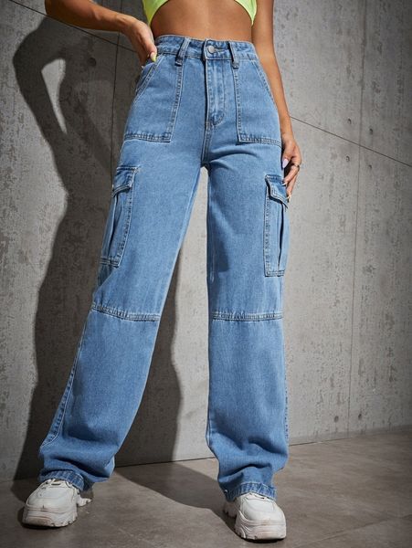 

high waist cargo jeans w35j#, Blue