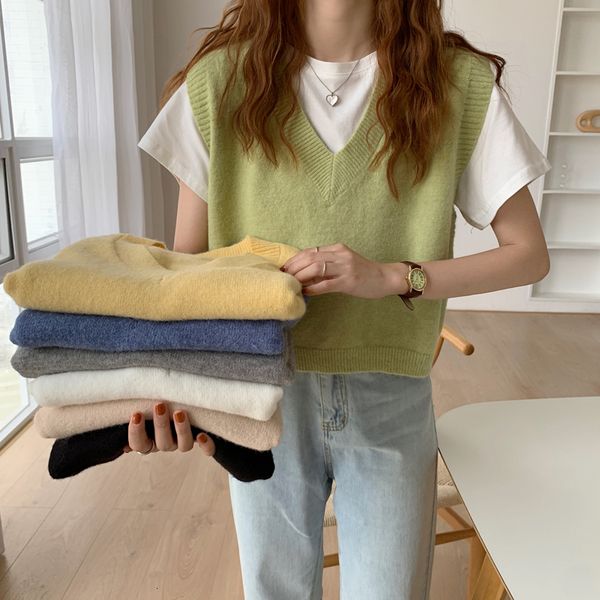 

2021 New 7 colours Korean style with low-necked v soild loosen waistcoats of women's sweater vests (c1903) Z9E8, White;black