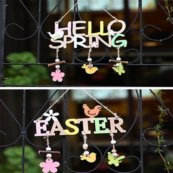 

2021 wood easter ornaments wooden easter hello spring letters pendents door window tree hanging party home decoration in stock//dhlg12007