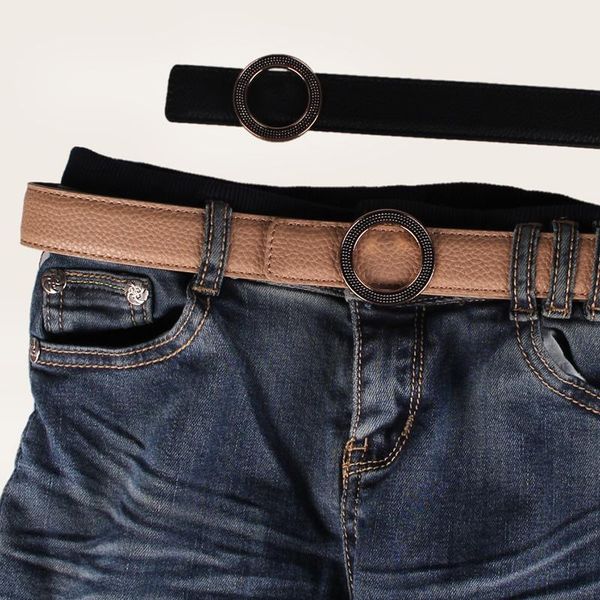 

metal round buckle pu leather belt fashion woman belts black, Black;brown
