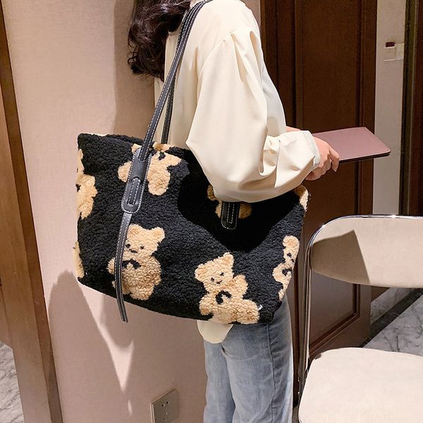 

hbp women plush tote bag kawaii bear new fashion ladies handbags shoulder casual white bags cute gift for kid sister