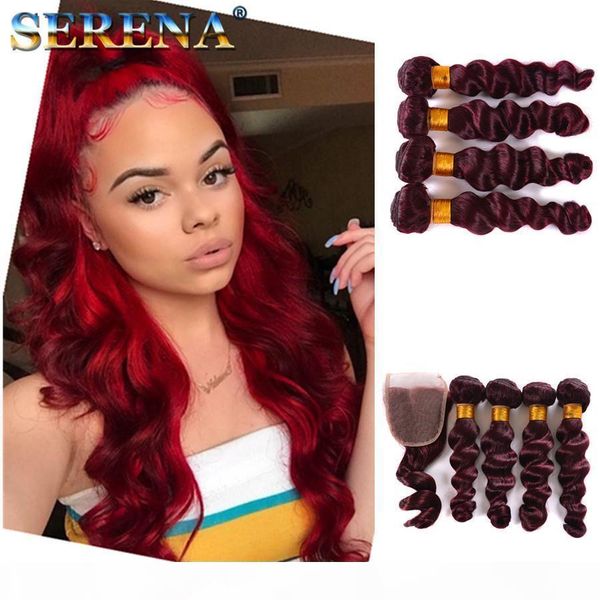 

wine red ombre peruvian hair with closure colorful tone 99j burgundy ombre loose wave human hair weave 4 bundles with lace closure bundles, Black;brown