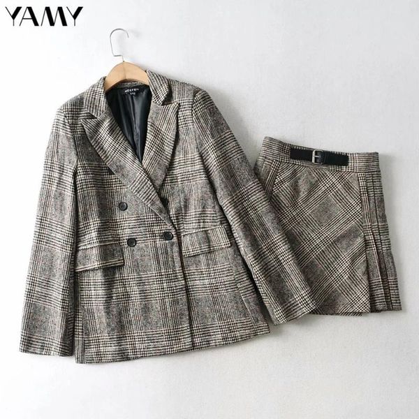 

women blazer suits vintage plaid long sleeve pocket office lady jacket coat korean mini skirt female autumn 2 pieces sets kg-354, White