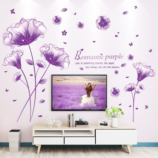 

[shijuekongjian] purple color flower wall sticker diy plant wall decals for living room bedroom shop home decoration1