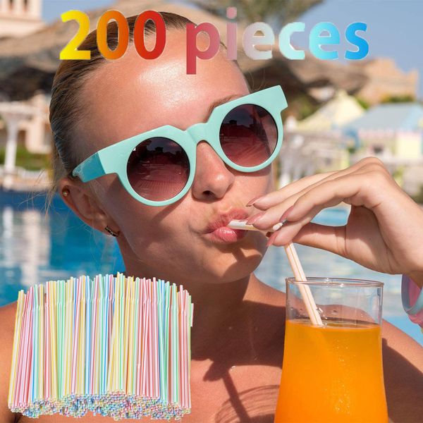 

200 pieces plastic drinking straws 8 inches long multi-colored striped bedable soft flexible comfortable, clean and sanitary