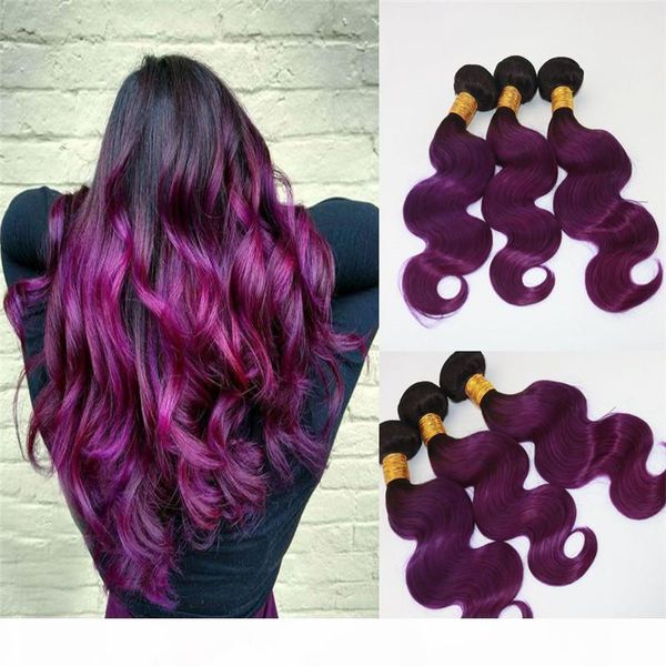 

two tone omber hair extensions weaves 8a peruvian virgin hair body wave bundles deal #1b purple real remy hair weft extensions 100g, Black