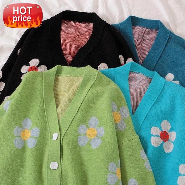 

2020 style knitwear cardigans sweater women loose v neck flower green sweater female short cute casual coat thicked #cn3c, White