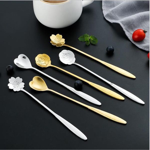 

kitchenware coffee vintage teaspoons drink tableware long handle dessert stainless steel flowers design 1pcs