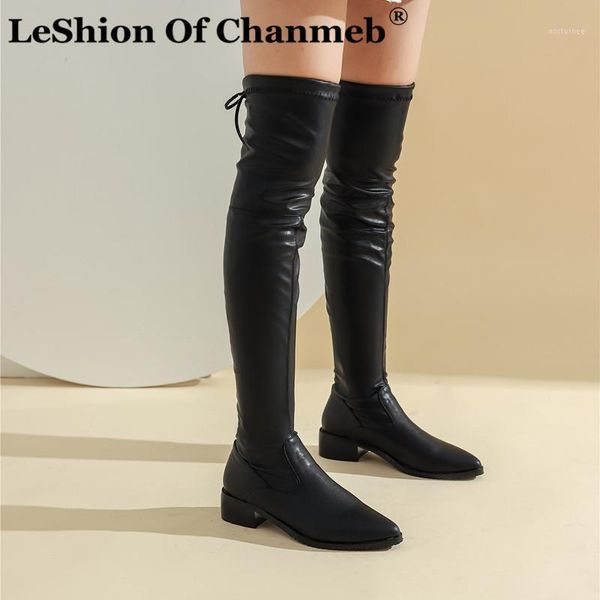 

leshion of chanmeb 34-43 women elastic stretch soft pu leather over the knee boots designer shoes celebrity lady knee-high boots1, Black